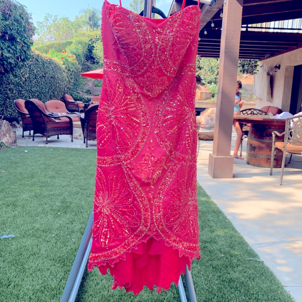 Beaded, Strapless, Coral, Cocktail Dress, Size 2